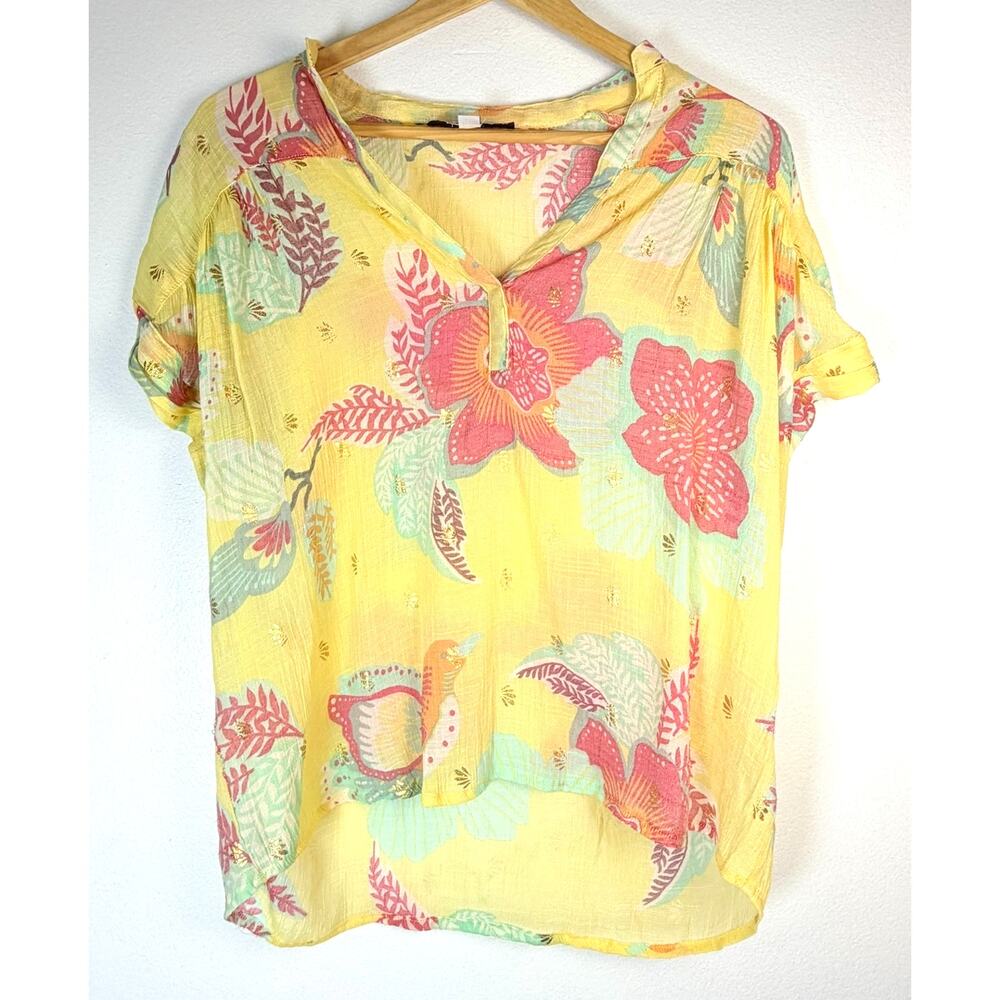 Alex & Parker Women’s Yellow Tropical Print 1/4 Sleeve V-Neck Blouse Size M